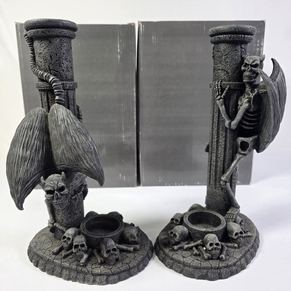 Top Collection Gargoyle Skeleton Candle Holders Skull Gothic Halloween 10" Pair